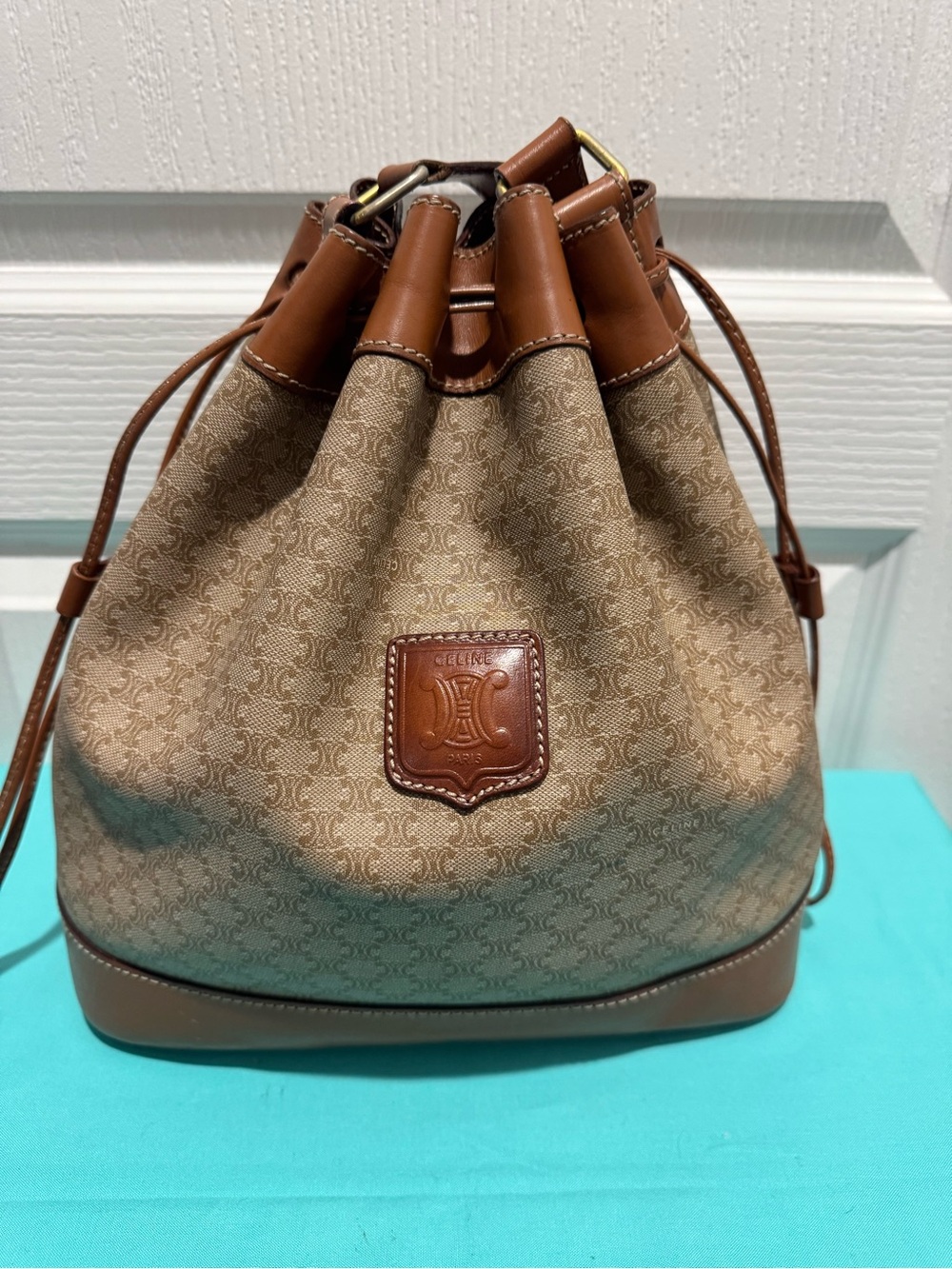 Celine Brown Monogram Drawstring Crossbody Bucket Bag